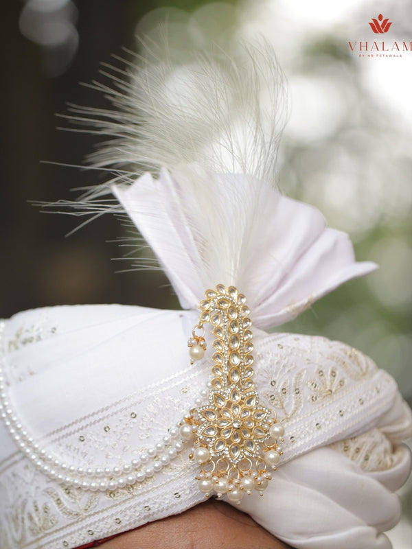 White Embroidered Groom Turban with Pearl Chains & Feather