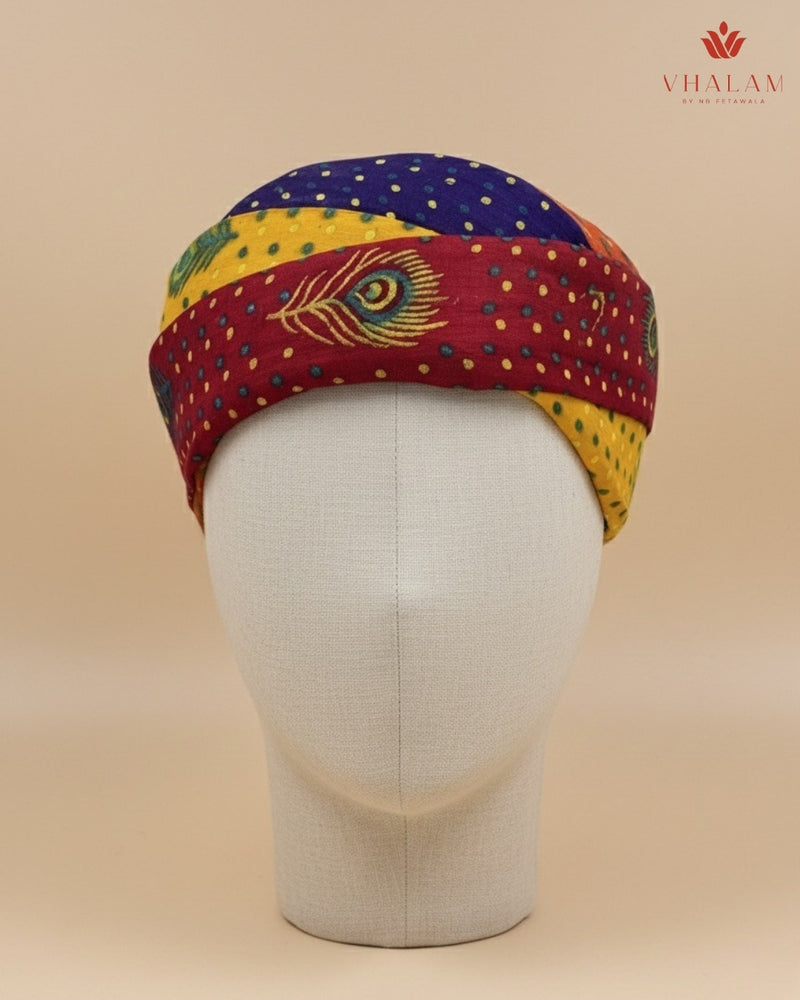 Multicolored Rajasthani Pagdi with Peacock Feather & Bandhani Print