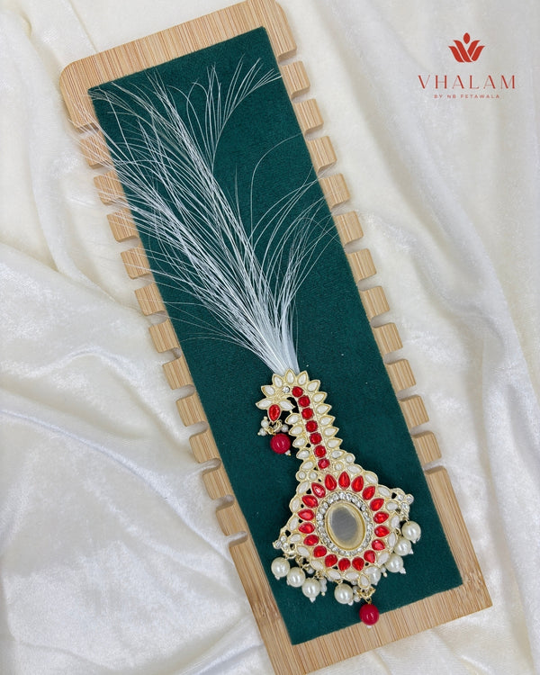 Emerald Red and White Kundan Pearl Brooch