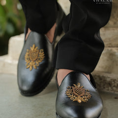 Black Raxine Groom Lofer with Handcrafted Golden Crest Embroidery