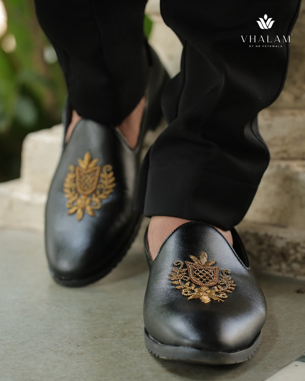 Black Raxine Groom Lofer with Handcrafted Golden Crest Embroidery