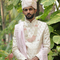 Elegant Baby Pink Embroidered Silk Shawl for Groom