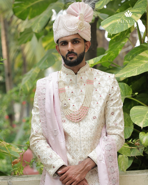 Elegant Baby Pink Embroidered Silk Shawl for Groom