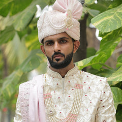 Elegant Light Pink Groom Pagdi with Pearls & Embroidery