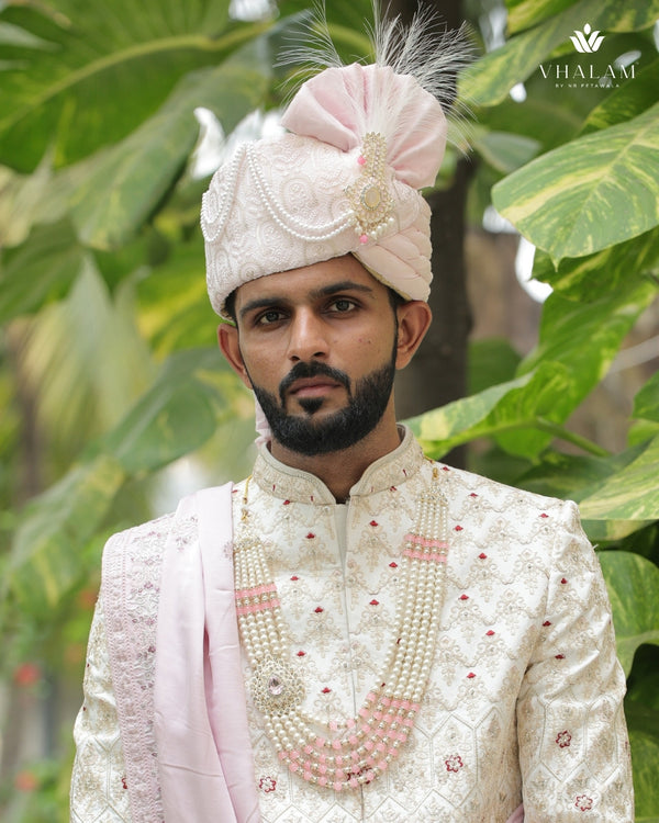 Elegant Light Pink Groom Pagdi with Pearls & Embroidery