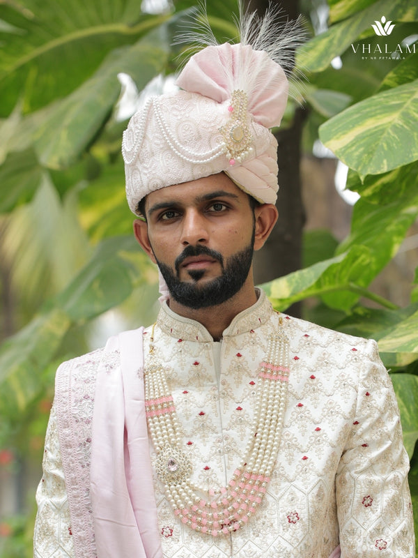 Elegant Light Pink Groom Pagdi with Pearls & Embroidery