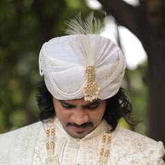 White Embroidered Groom Turban with Pearl Chains & Feather