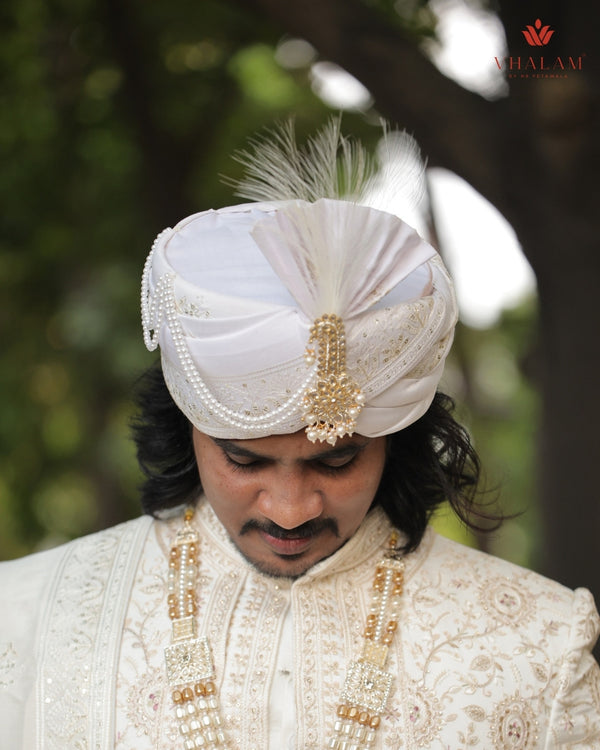 White Embroidered Groom Turban with Pearl Chains & Feather