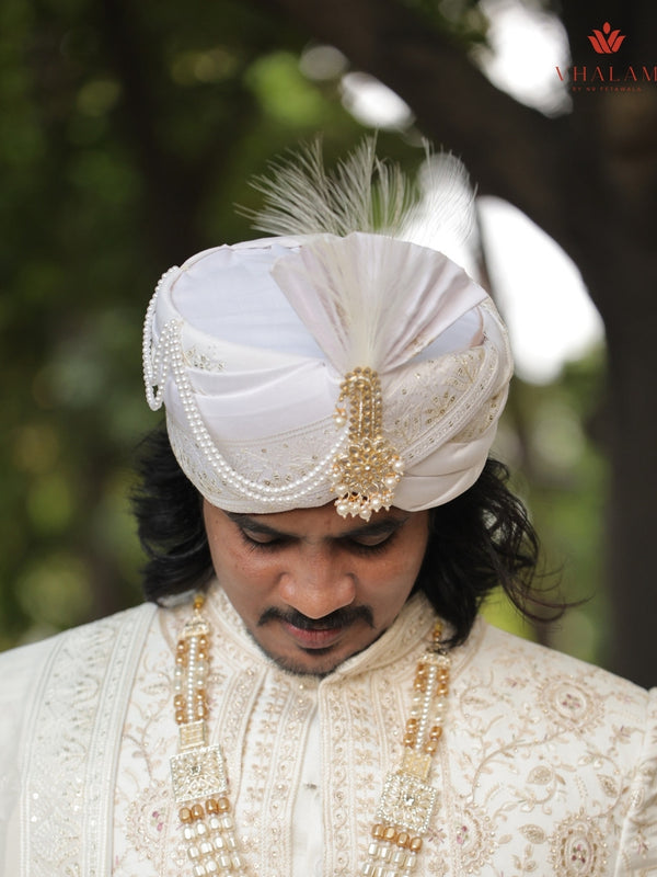 White Embroidered Groom Turban with Pearl Chains & Feather