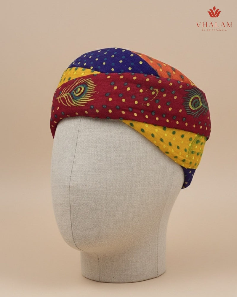 Multicolored Rajasthani Pagdi with Peacock Feather & Bandhani Print