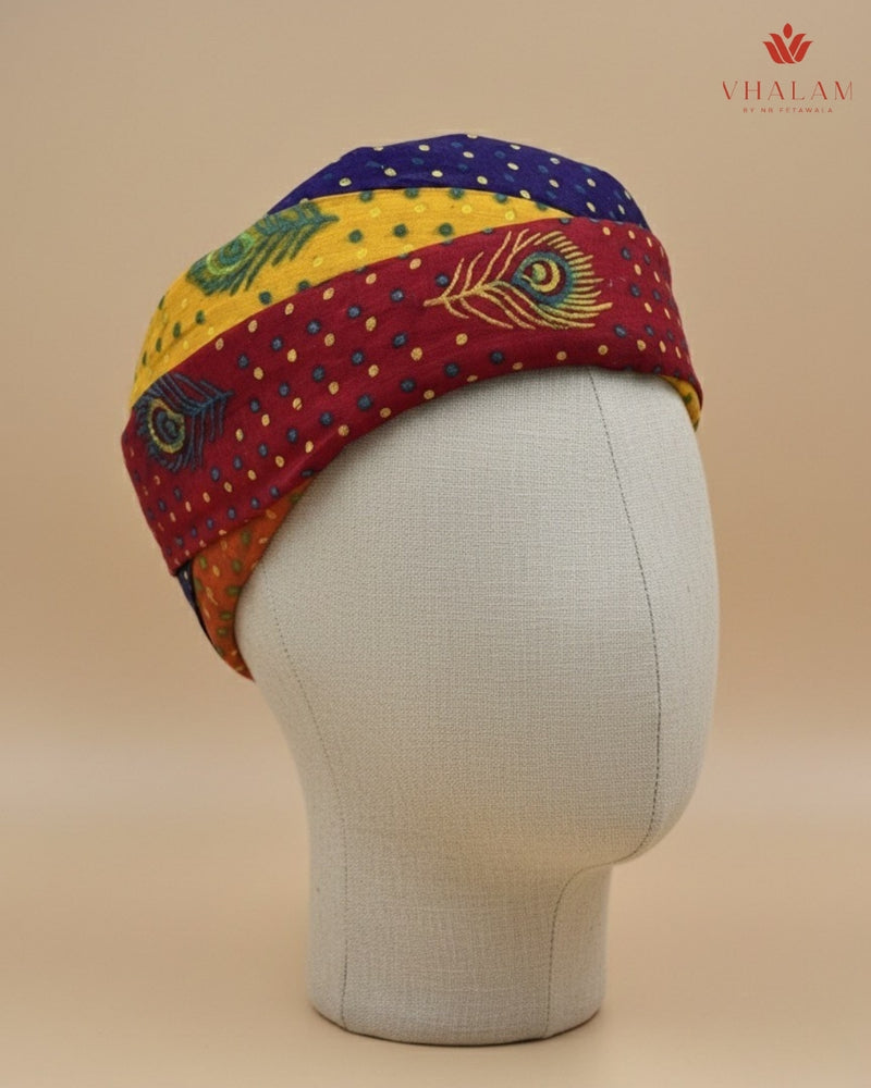 Multicolored Rajasthani Pagdi with Peacock Feather & Bandhani Print