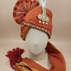 Marwadi Style Orange Groom Turban with Brooch & Feather