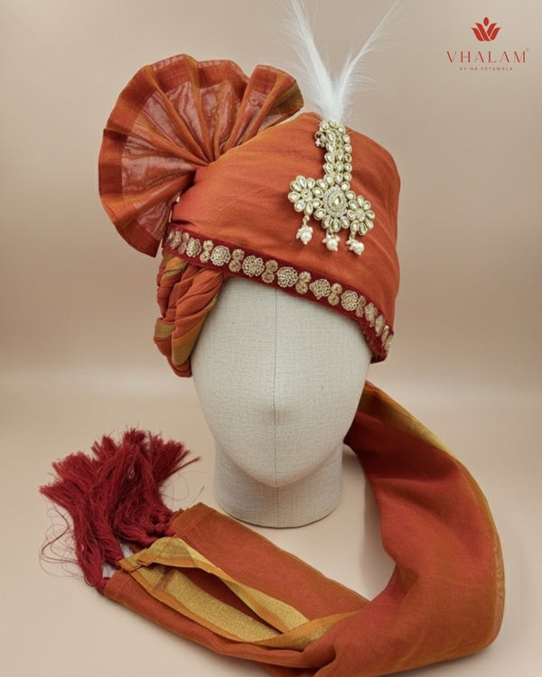 Marwadi Style Orange Groom Turban with Brooch & Feather