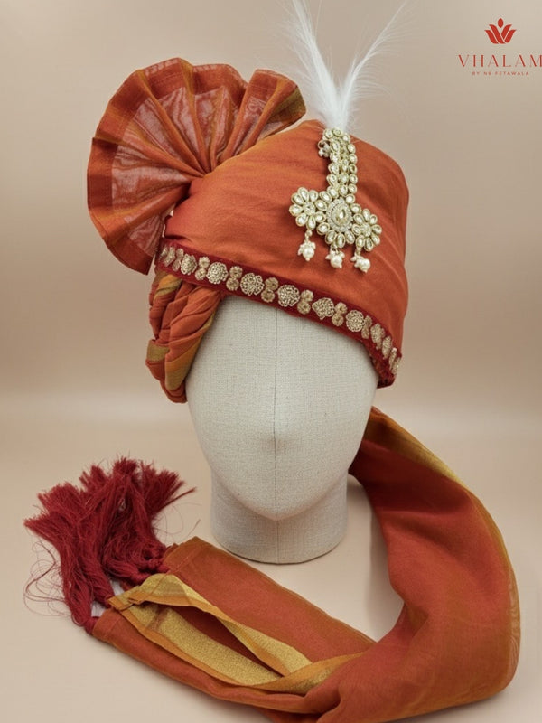 Marwadi Style Orange Groom Turban with Brooch & Feather