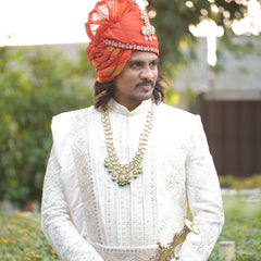 Marwadi Style Orange Groom Turban with Brooch & Feather
