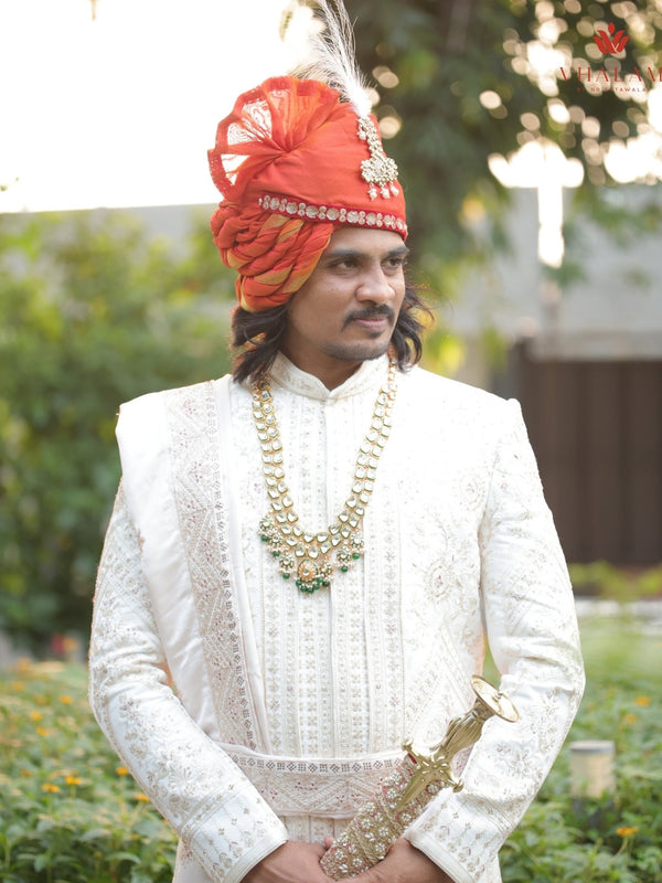Marwadi Style Orange Groom Turban with Brooch & Feather