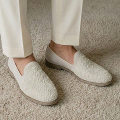 Egret Pearl-Encrusted Swirl Motif Suede Loafers