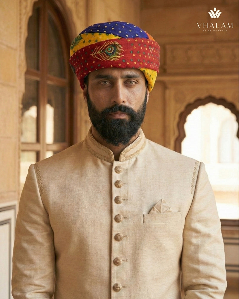 Multicolored Rajasthani Pagdi with Peacock Feather & Bandhani Print