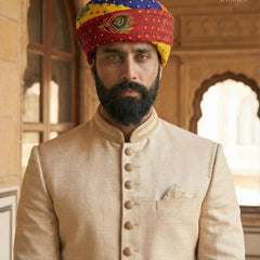 Multicolored Rajasthani Pagdi with Peacock Feather & Bandhani Print