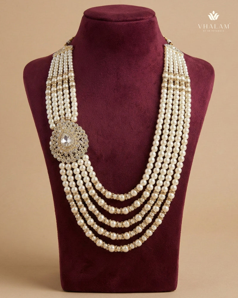Dulha Pearl & Crystal Brooch Mala – 5-Layer Ivory Statement Haar