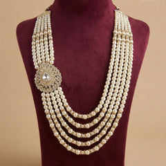 Dulha Pearl & Crystal Brooch Mala – 5-Layer Ivory Statement Haar