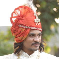 Marwadi Style Orange Groom Turban with Brooch & Feather