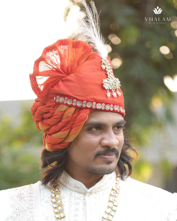 Marwadi Style Orange Groom Turban with Brooch & Feather