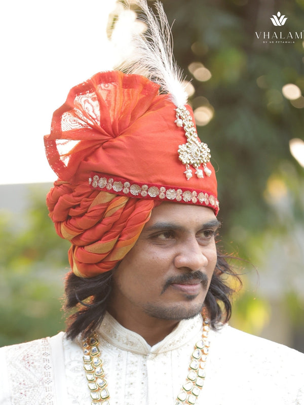 Marwadi Style Orange Groom Turban with Brooch & Feather
