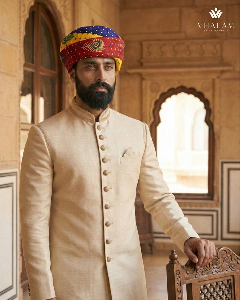 Multicolored Rajasthani Pagdi with Peacock Feather & Bandhani Print