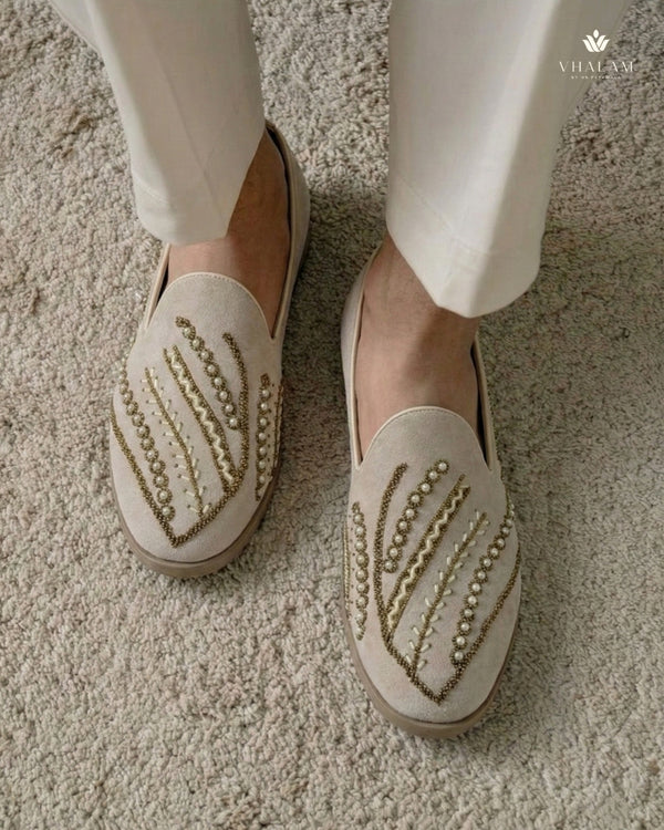 Bittern Hand-Beaded Gold & Pearl Foliage Loafers
