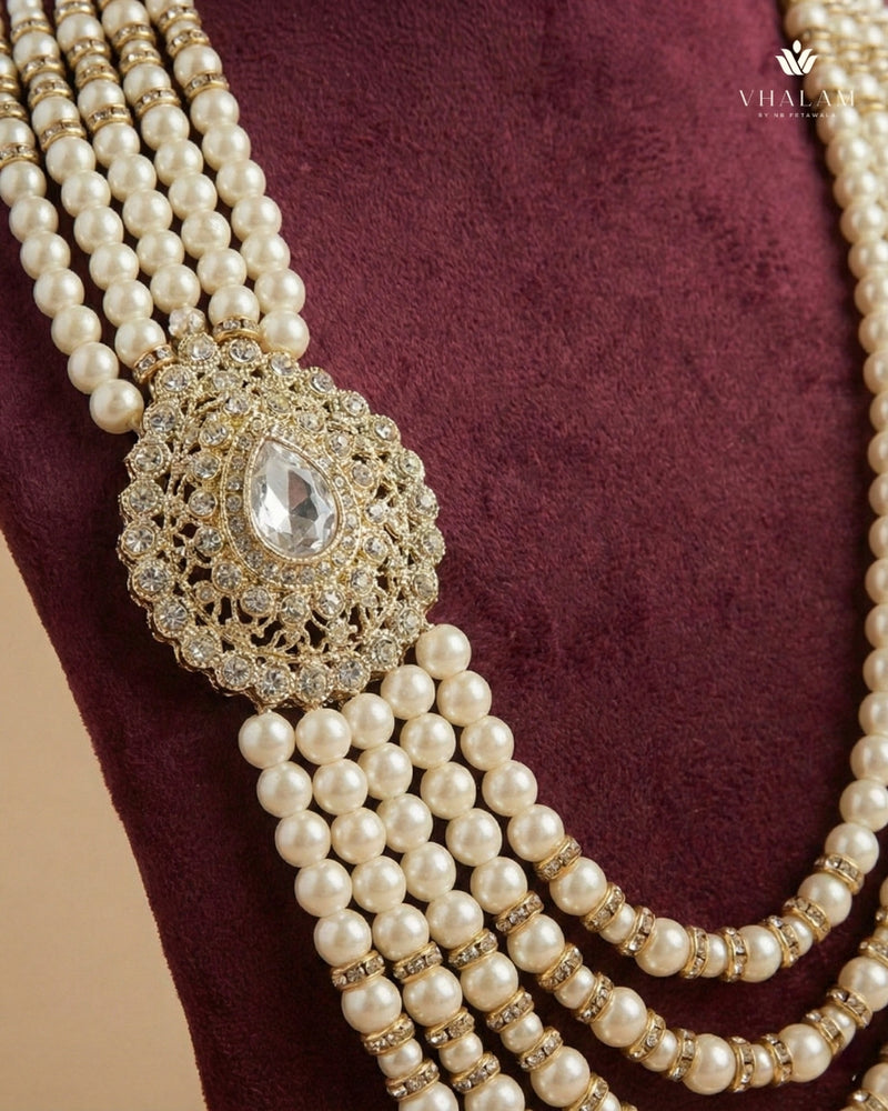 Dulha Pearl & Crystal Brooch Mala – 5-Layer Ivory Statement Haar