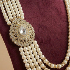 Dulha Pearl & Crystal Brooch Mala – 5-Layer Ivory Statement Haar