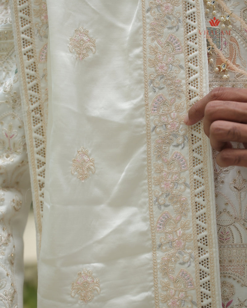 Ivory Embroidered Groom Shawl with Pastel Thread Detailing