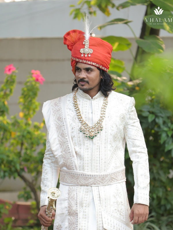 Marwadi Style Orange Groom Turban with Brooch & Feather