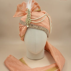Royal Peach Wedding Groom Turban with Brooch & Feather