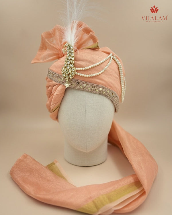 Royal Peach Wedding Groom Turban with Brooch & Feather