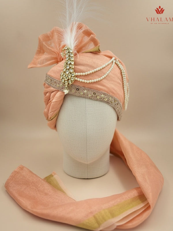 Royal Peach Wedding Groom Turban with Brooch & Feather
