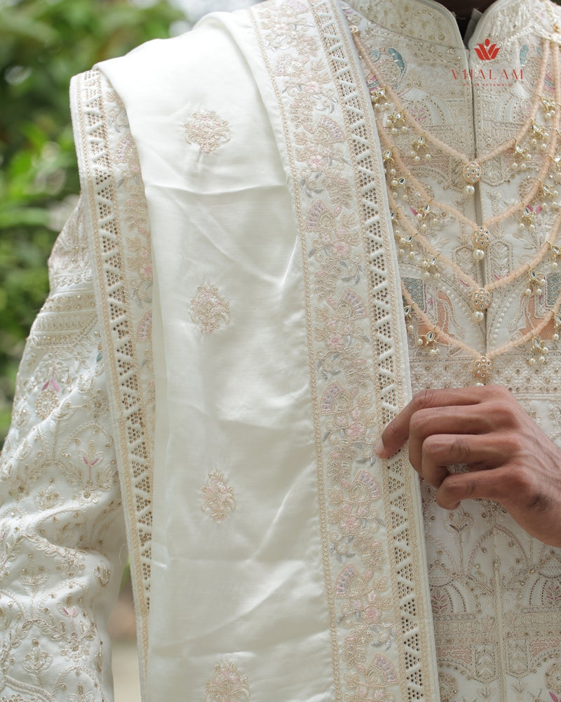 Ivory Embroidered Groom Shawl with Pastel Thread Detailing