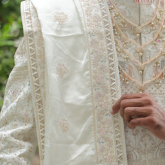 Ivory Embroidered Groom Shawl with Pastel Thread Detailing
