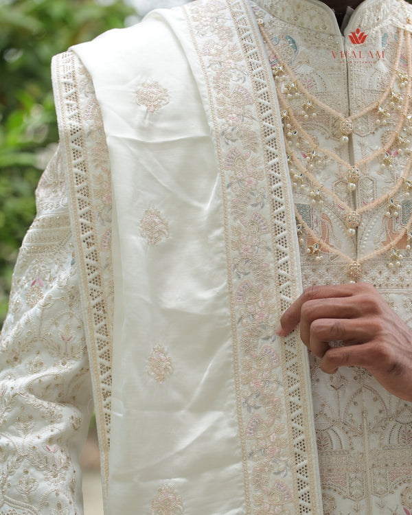 Ivory Embroidered Groom Shawl with Pastel Thread Detailing