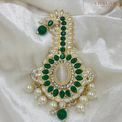 Emerald Green and White Kundan Pearl Brooch