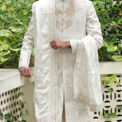 Ivory Embroidered Groom Shawl with Pastel Thread Detailing