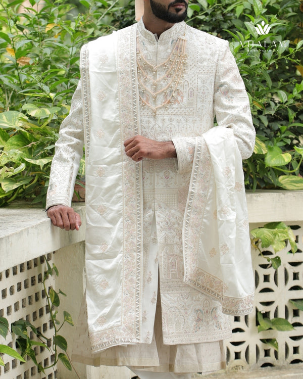 Ivory Embroidered Groom Shawl with Pastel Thread Detailing