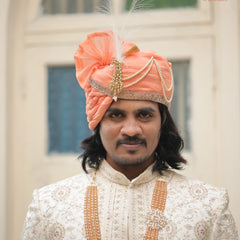 Royal Peach Wedding Groom Turban with Brooch & Feather