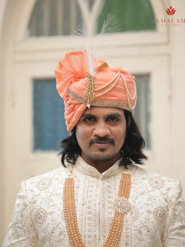 Royal Peach Wedding Groom Turban with Brooch & Feather