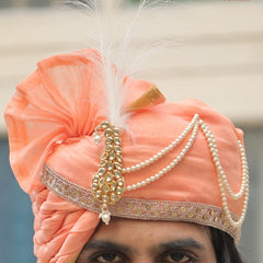 Royal Peach Wedding Groom Turban with Brooch & Feather
