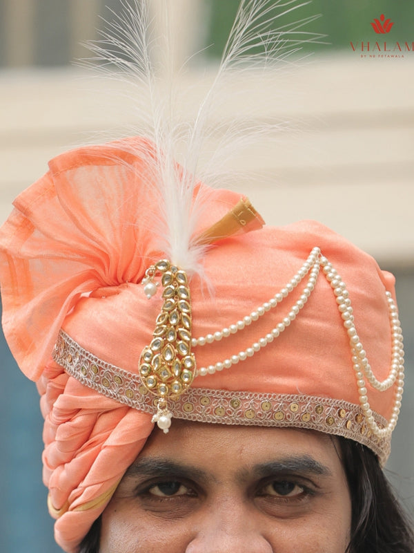 Royal Peach Wedding Groom Turban with Brooch & Feather
