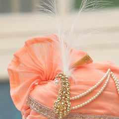 Royal Peach Wedding Groom Turban with Brooch & Feather