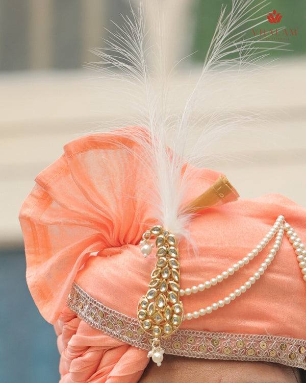 Royal Peach Wedding Groom Turban with Brooch & Feather