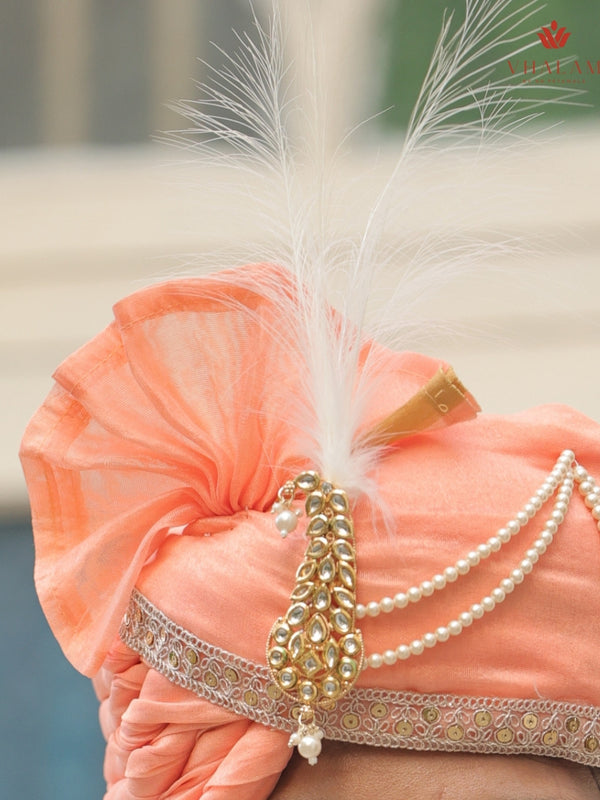 Royal Peach Wedding Groom Turban with Brooch & Feather
